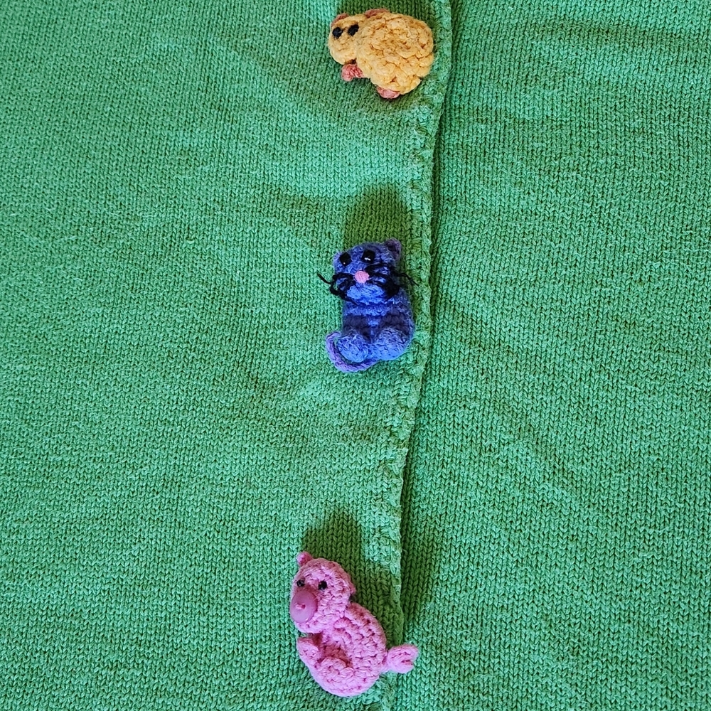 Vtg Michael Simon Kelly Green Cotton Farm Animals Cardigan Yarn Zoo Spring Med - Picture 5 of 8